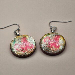 Handcrafted artsy earrings, wood & resin, metallic shimmer, stainless ear hooks